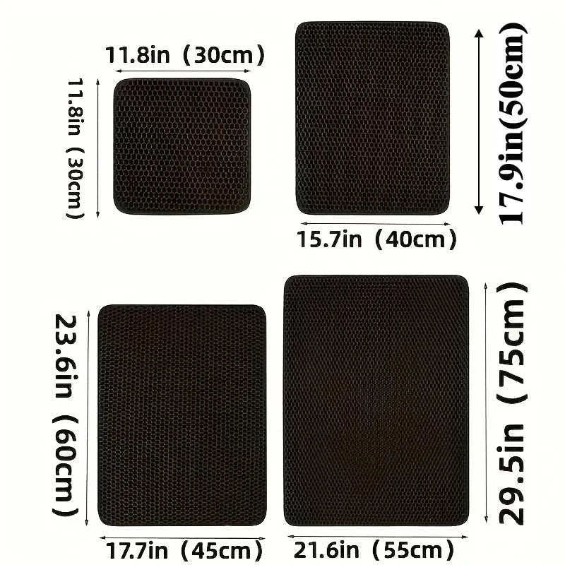 Multiple sizes of the Cat Waterproof Litter Trapping Mat with measurements in inches and centimeters displayed.