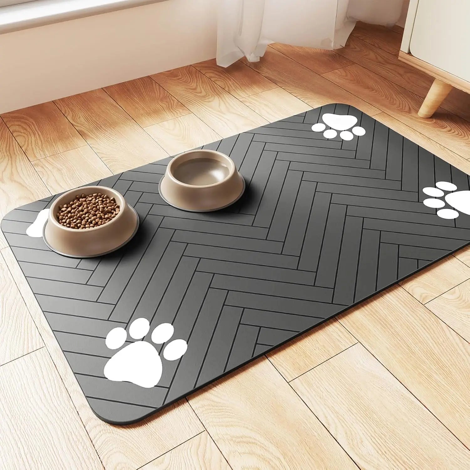 protect Absorbent pet feeding mat with waterproof rubber backing, designed for food and water bowls for dogs and cats, featuring a quick-dry surface.