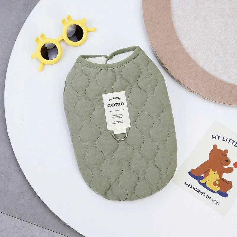Winter pet dog vest jacket in olive green, designed for small and medium dogs and cats. Made of warm cotton, suitable for breeds like Yorkie, Chihuahua, Maltese, and Bulldog.