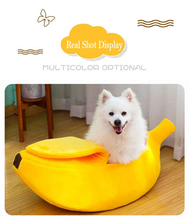 Banana shaped pet bedding with dog inside, cozy cat nest mat, and dog sleeping bag.