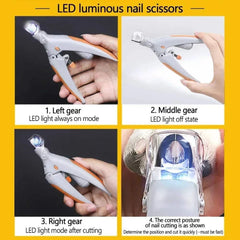 Professional pet nail clippers with LED light for cats and dogs, ergonomic design, stainless steel blades.
