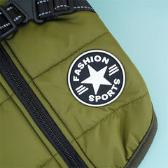 "Large waterproof dog jacket with harness for winter warmth"