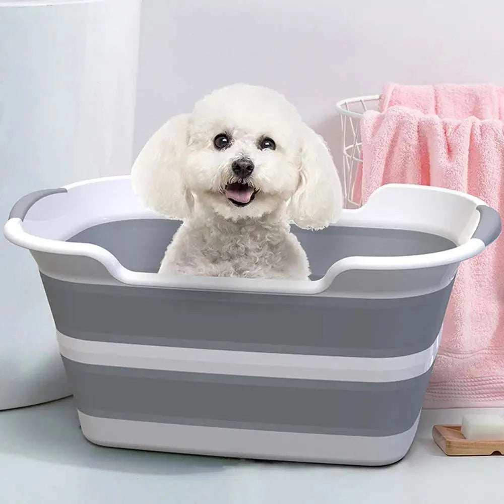 Folding Pet Bath Tub with drainage hole for portable dog grooming.