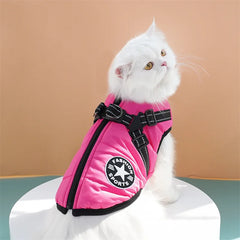 "Large waterproof dog jacket with harness for winter warmth"