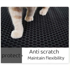 Cat on waterproof litter trapping mat, double layer, non-slip, washable.