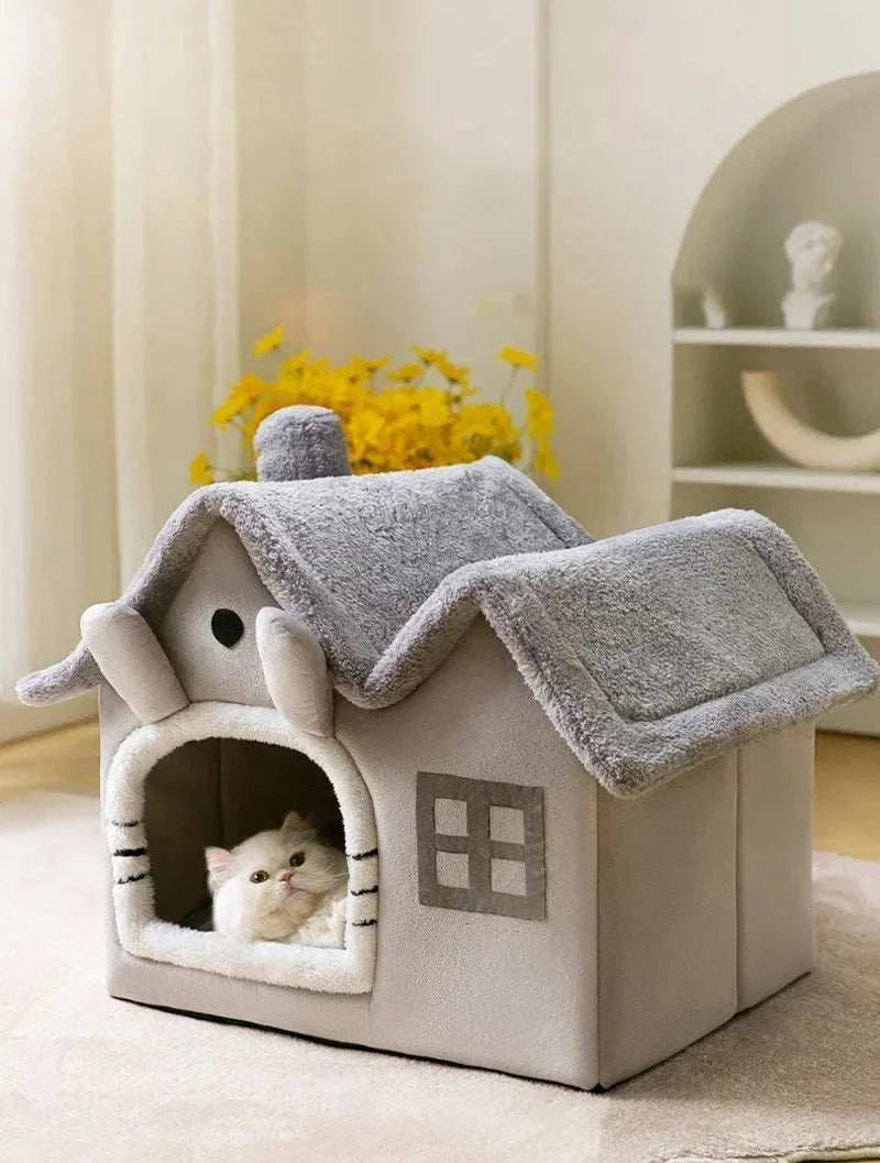 Cozy Half-Closed Dog Bed in house shape with a cat inside, soft and foldable design.