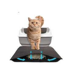 Cat sitting on waterproof litter trapping mat with double-layer design placed next to litter box.
