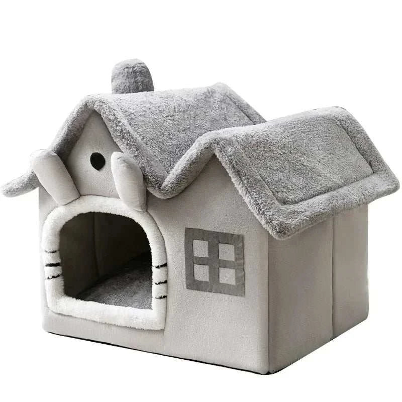 Cozy Half-Closed Dog Bed in grey, fluffy foldable design for small pets.