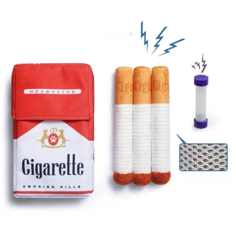 Dog Cigarette Box Sound Making Toy with three plush sound-making cigarettes for pets.