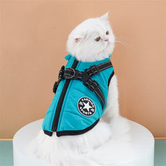 "Large waterproof dog jacket with harness for winter warmth"