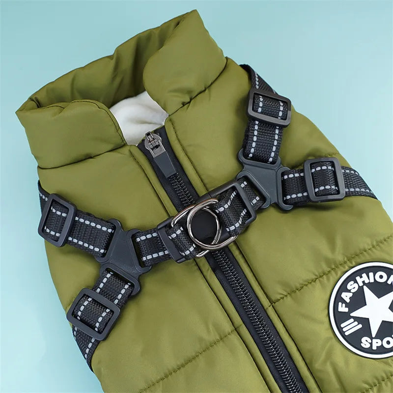 "Large waterproof dog jacket with harness for winter warmth"