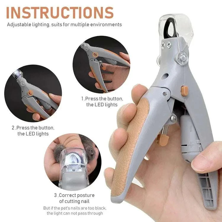 Pet nail clippers with LED light for cats and dogs, ergonomic design, stainless steel blades.