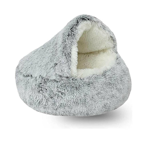 Fluffy gray 2-in-1 cat bed and sleep bag, enclosed round plush cushion.