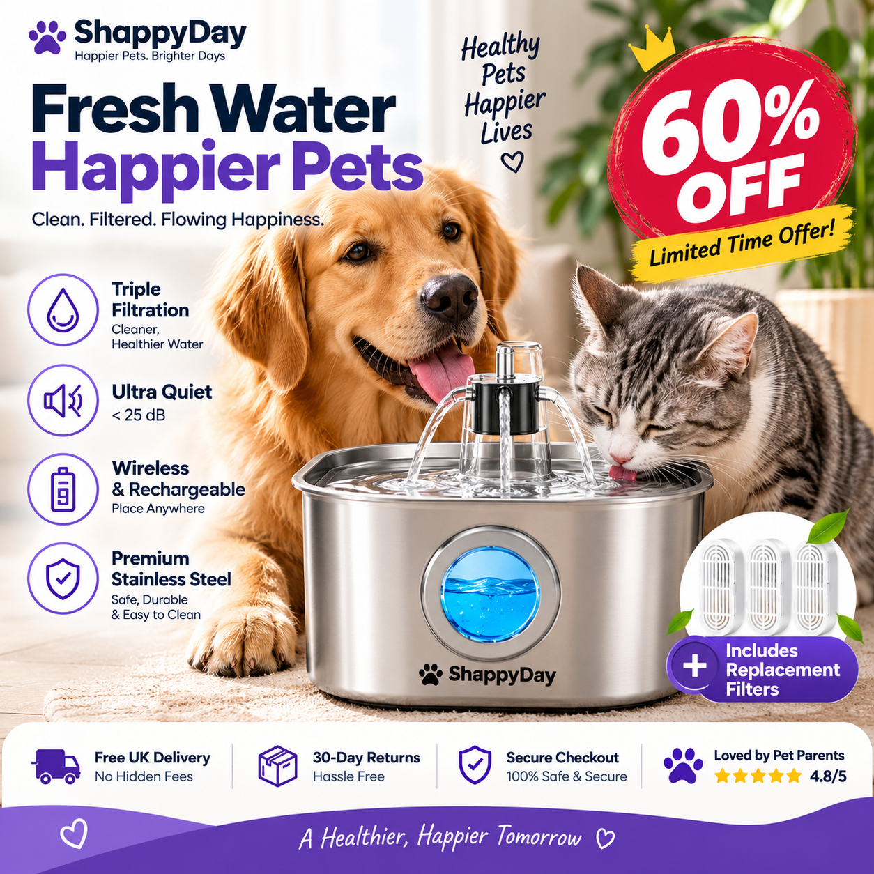 3L Wireless Stainless Steel Cat Water Fountain – Rechargeable & Motion Sensor