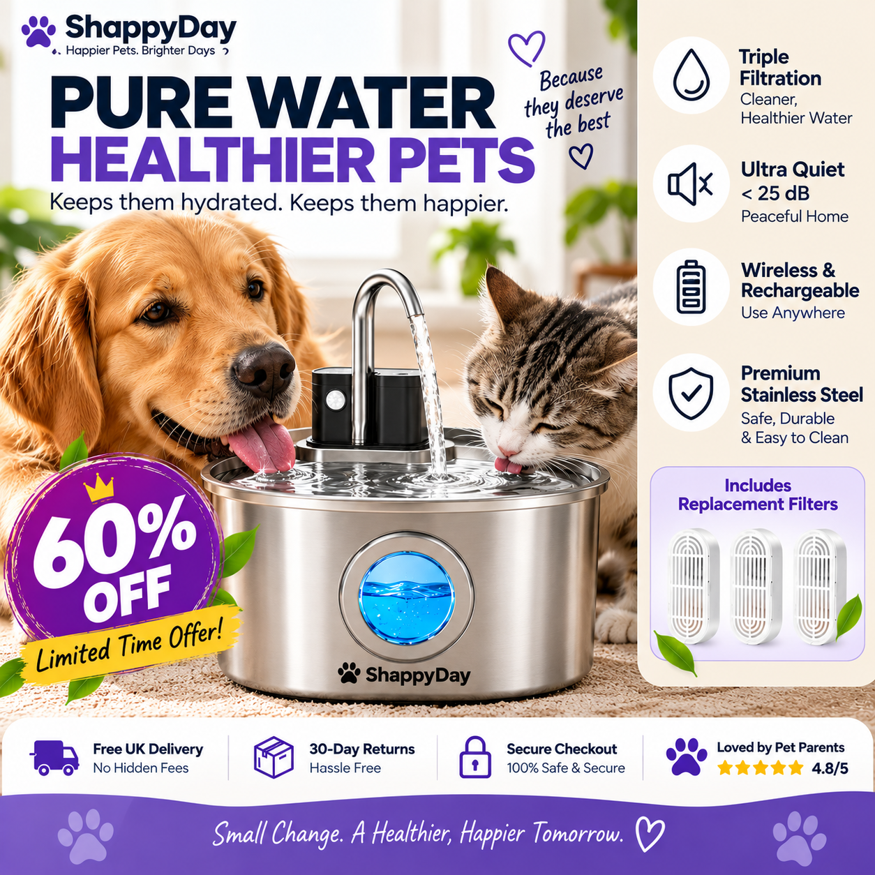 3L Wireless Stainless Steel Cat Water Fountain – Rechargeable & Motion Sensor