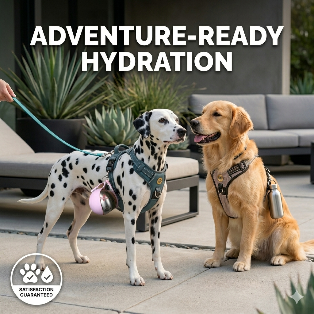 ShappyDay Pet 2-in-1 water bottle with built-in bowl for easy hydration on the go, shown with water and pet accessories.
