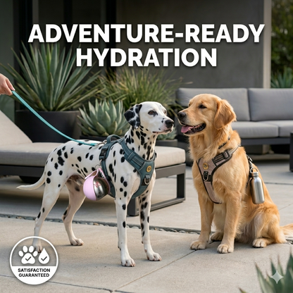 ShappyDay Pet 2-in-1 water bottle with built-in bowl for easy hydration on the go, shown with water and pet accessories.