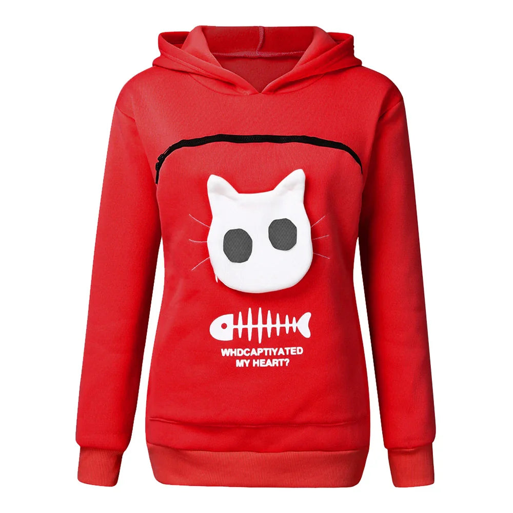 Cat lovers hoodie with kangaroo pocket and animal ears, designed for cuddling pets, offering comfort and style for pet owners.