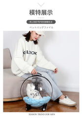 "Rolling pet travel trolley with wheels and transparent capsule carrier in pink and green"