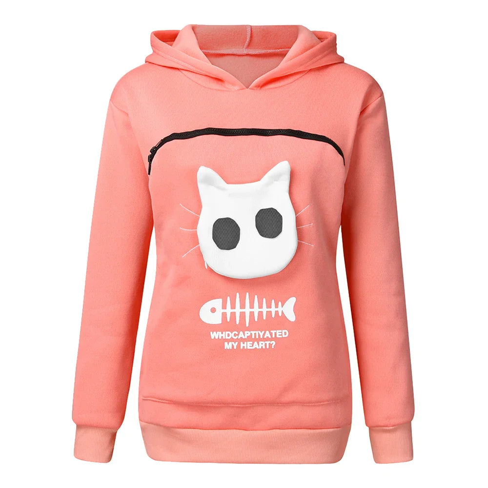 Cat lovers hoodie with kangaroo pocket and animal ears, designed for cuddling pets, offering comfort and style for pet owners.