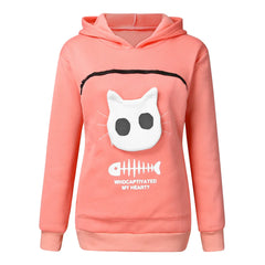 Cat lovers hoodie with kangaroo pocket and animal ears, designed for cuddling pets, offering comfort and style for pet owners.