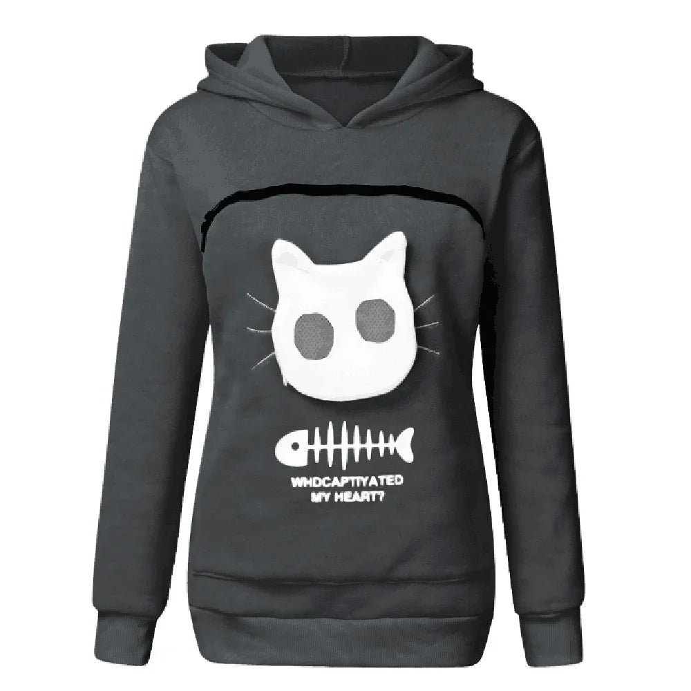 Cat lovers hoodie with kangaroo pocket and animal ears, designed for cuddling pets, offering comfort and style for pet owners.