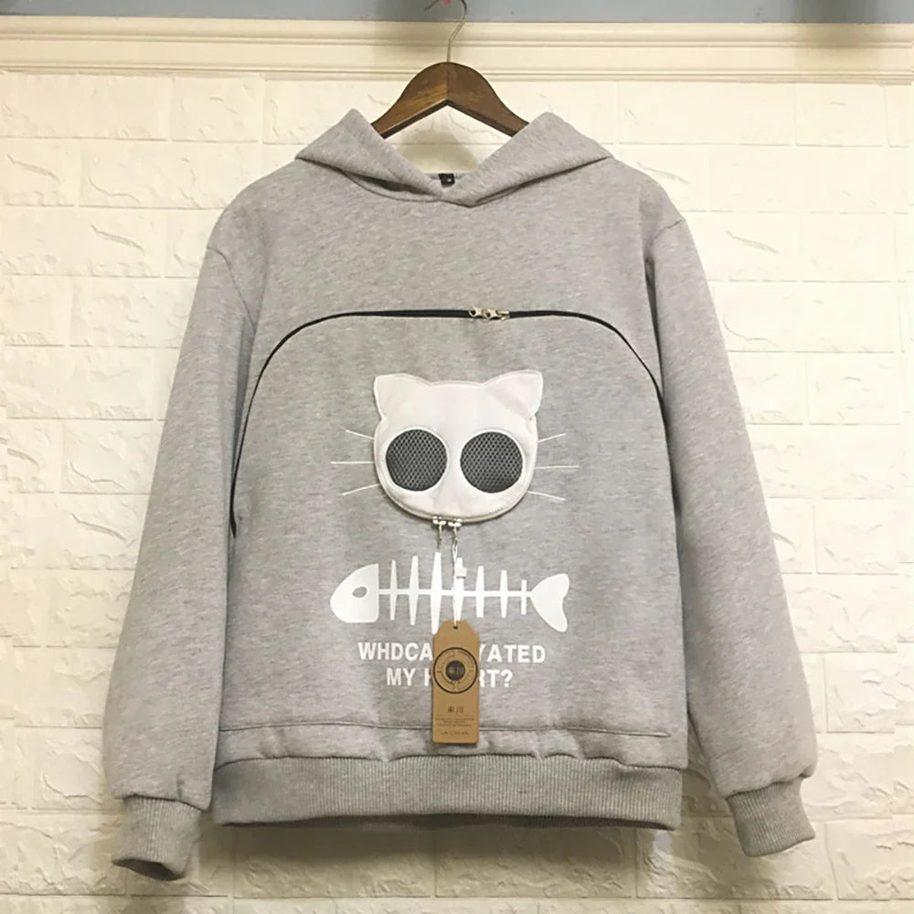Cat lovers hoodie with kangaroo pocket and animal ears, designed for cuddling pets, offering comfort and style for pet owners.
