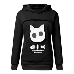 Cat lovers hoodie with kangaroo pocket and animal ears, designed for cuddling pets, offering comfort and style for pet owners.