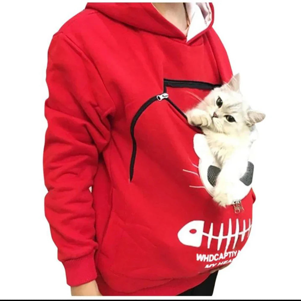 Cat lovers hoodie with kangaroo pocket and animal ears, designed for cuddling pets, offering comfort and style for pet owners.