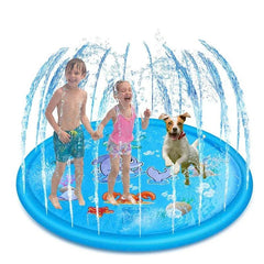 150cm pet play splash mat with kids and dog enjoying water spray outdoors.