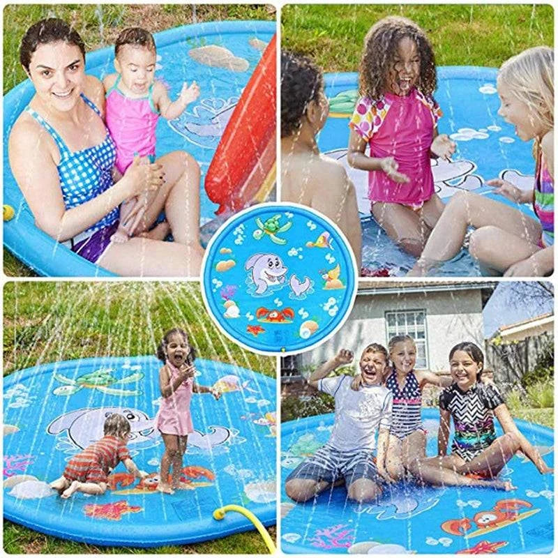 150cm Pet Play Splash Mat with water spray; kids and dogs enjoying outdoor fun.