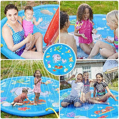 150cm Pet Play Splash Mat with water spray; kids and dogs enjoying outdoor fun.