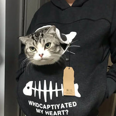 Cat lovers hoodie with kangaroo pocket and animal ears, designed for cuddling pets, offering comfort and style for pet owners.