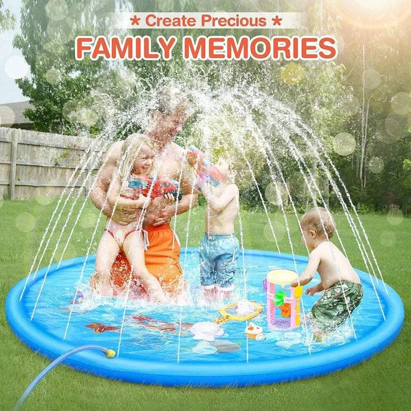 150cm Pet Play Splash Mat with water spray fountain for kids and dogs in a backyard setting.