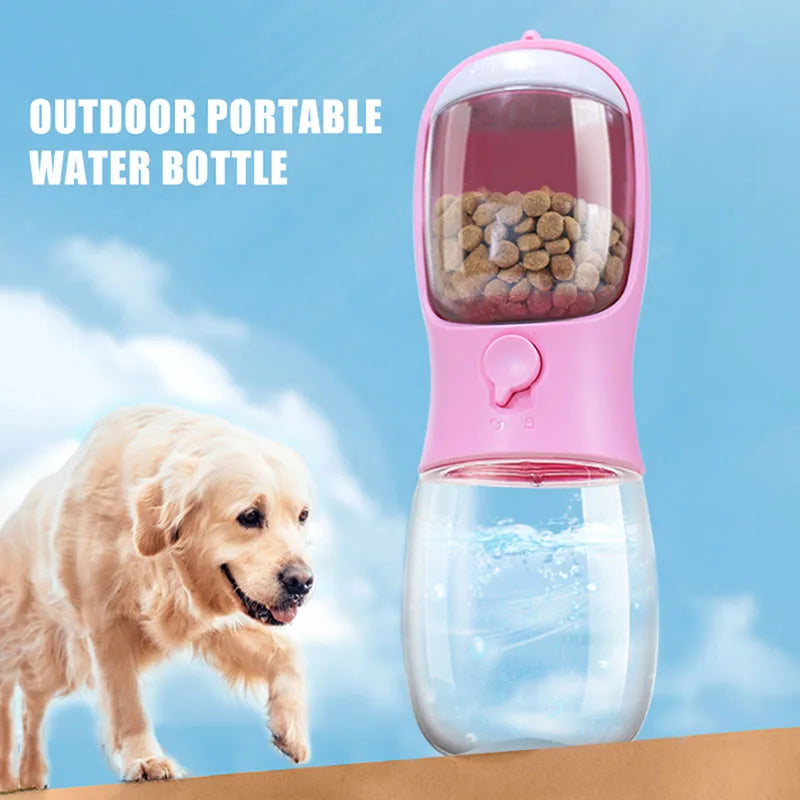 "2-in-1 portable pet water and food dispenser bottle, 300ml, for dogs and cats on the go"
