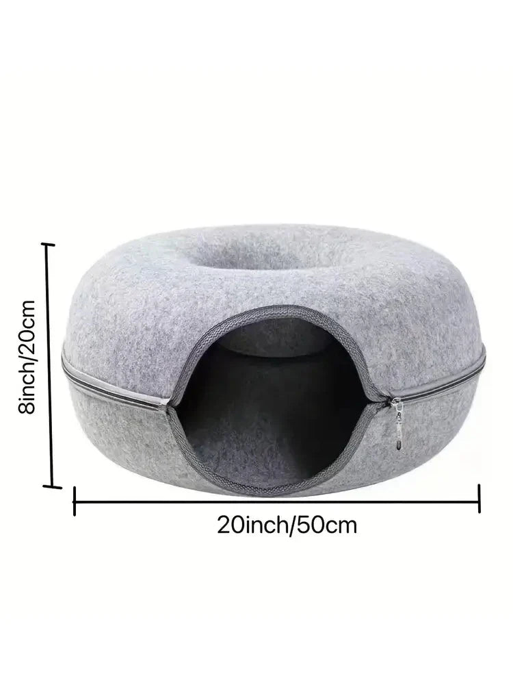Round plush cat bed house with raised edges and non-slip base for cats and small dogs.