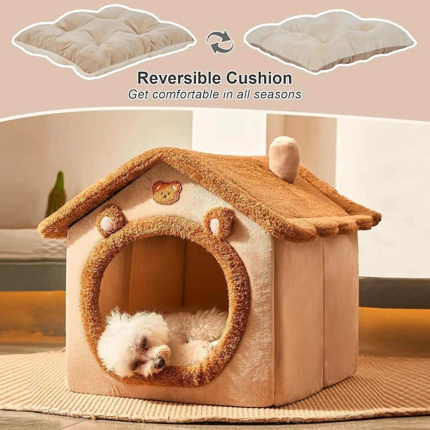 Foldable pet house with removable, washable dog bed; cozy kennel for small to medium-sized dogs and cats.