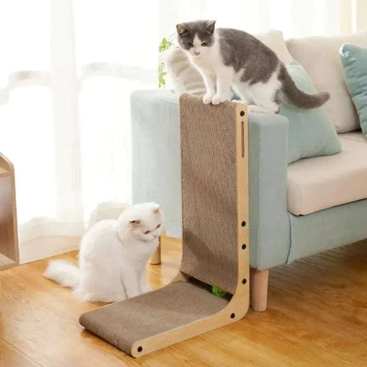 Wooden Cat Scratching Board & Post in a living room with two cats using it.