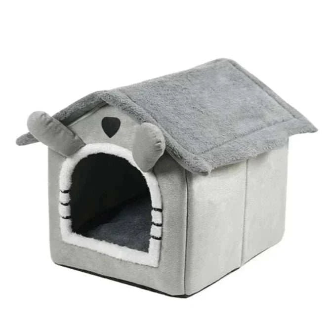 Soft pet bed tent house for dogs and cats, cozy indoor kennel with removable cushion.