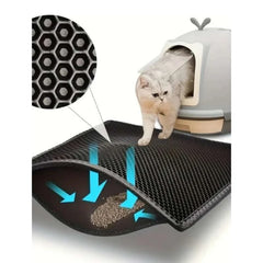 Cat waterproof litter trapping mat, double layer, non-slip, washable, with cat exiting litter box.