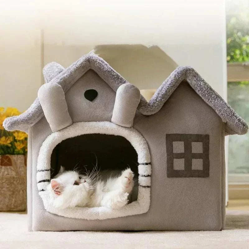 Cozy half-closed dog bed for small pets, foldable and fluffy design.
