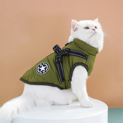 "Large waterproof dog jacket with harness for winter warmth"