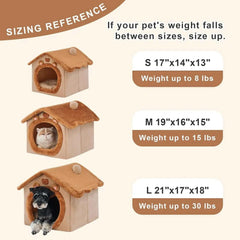 Sizing chart for foldable pet house with removable bed, in small, medium, and large sizes for dogs and cats.