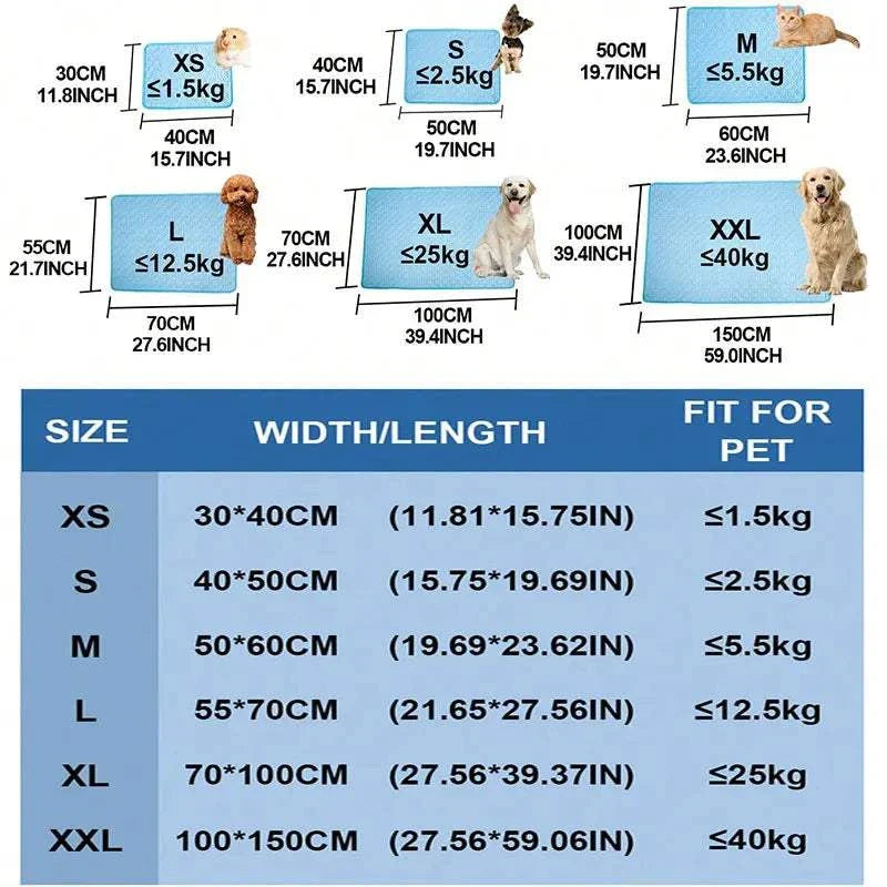Cooling Pet Mat size chart for dogs and cats, breathable ice silk summer pad.