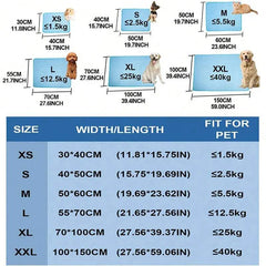 Cooling Pet Mat size chart for dogs and cats, breathable ice silk summer pad.