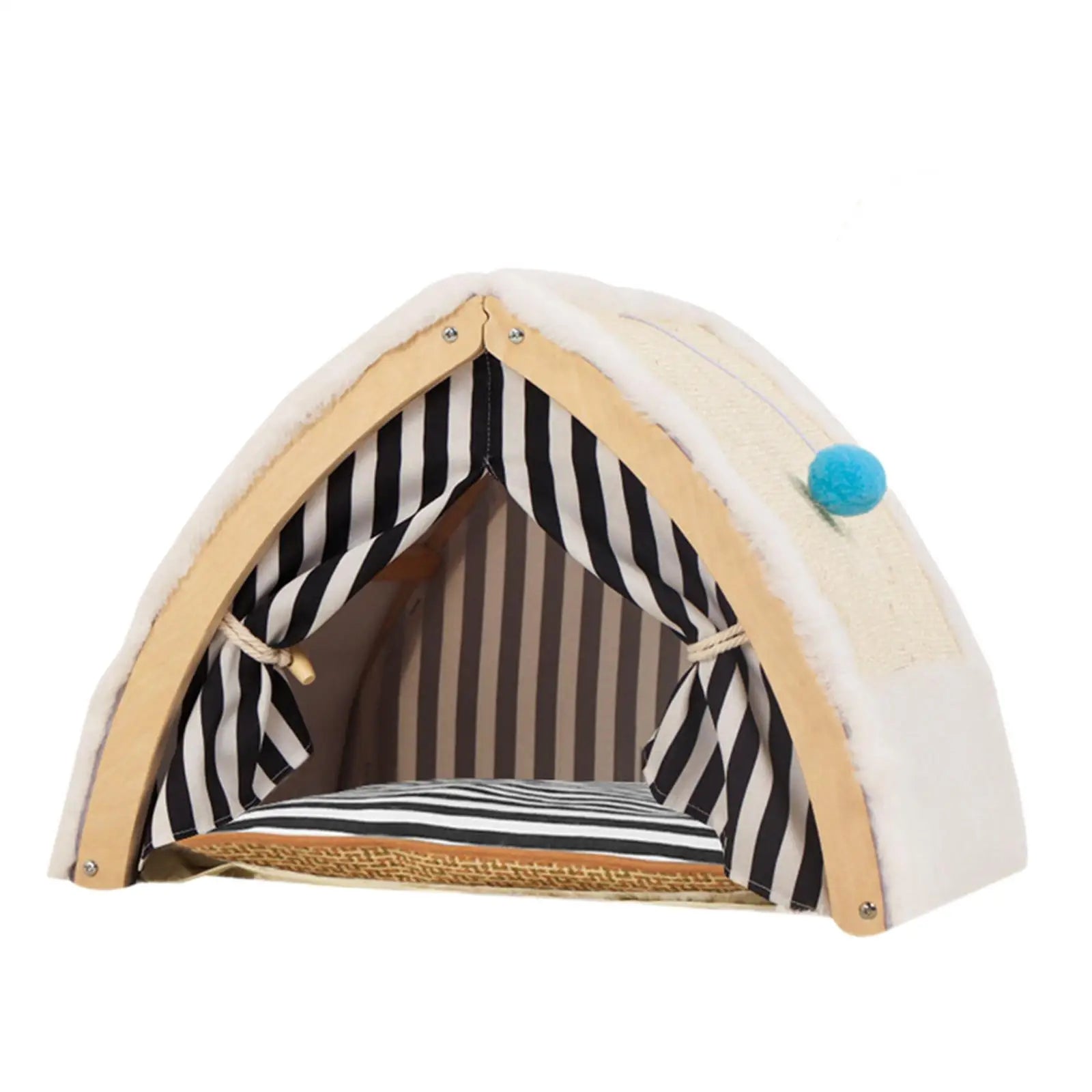 "Portable cat tent house bed with breathable fabric and hanging toy for cozy cat naps"