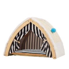 "Portable cat tent house bed with breathable fabric and hanging toy for cozy cat naps"