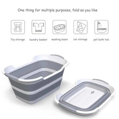 Folding pet bath tub with drainage hole, portable dog grooming tub for travel, multi-purpose use.
