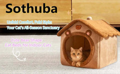 Foldable bear-shaped pet house with removable, washable bed, featuring a cute cat inside.