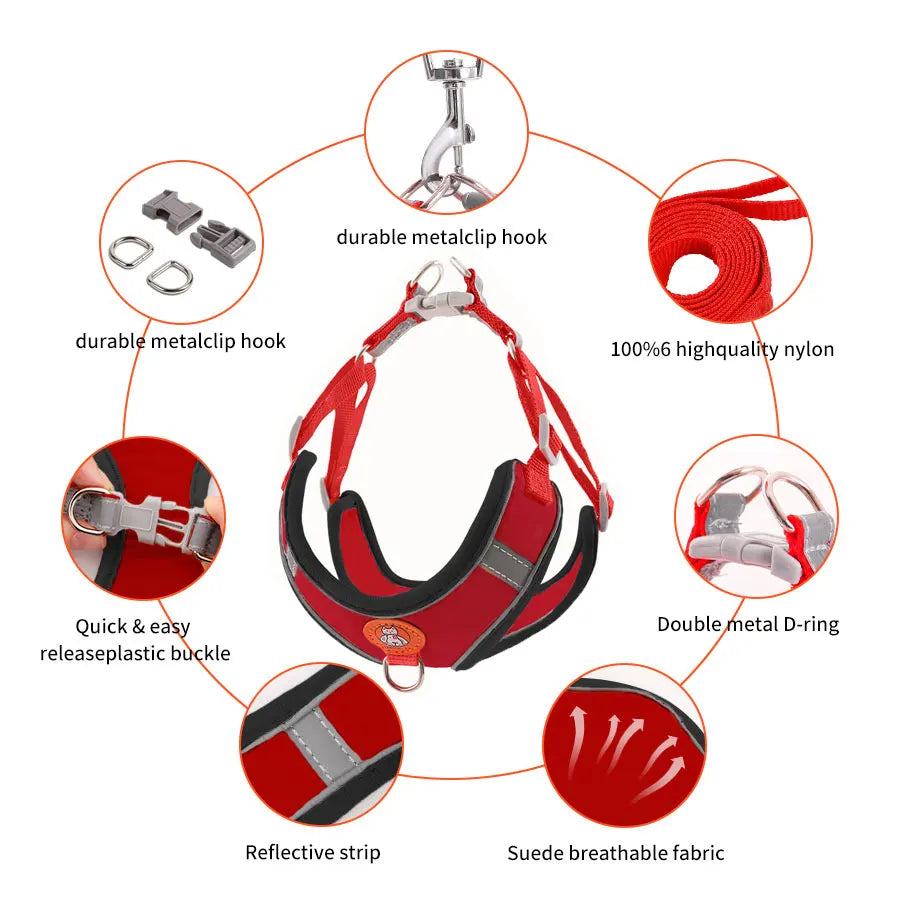-Pull Reflective Dog Harness & Leash Set - Adjustable & Breathable No-pull reflective dog harness and leash set with adjustable straps and breathable material, ideal for safe, comfortable walks with dogs or cats.
